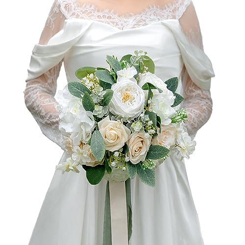 10 Inch White Bridal Bouquet,Wedding Bouquet,Bride Bouquets for Wedding Ceremony Anniversary, Party and French Rustic Vintage Wedding,Artificial Flowers - color: White&greenery