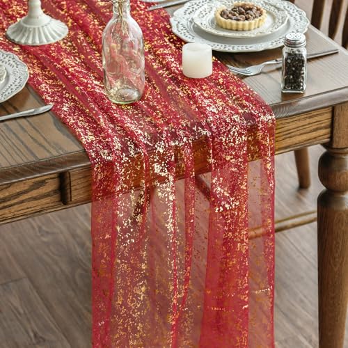 Artoid Mode Red Gold Gauze Table Runner 120 Inch 10FT, Glitter Metallic Foil Sheer Dining Wedding Anniversary Holiday Table Decor for Home Party - color: Red, size: 28" x 120"