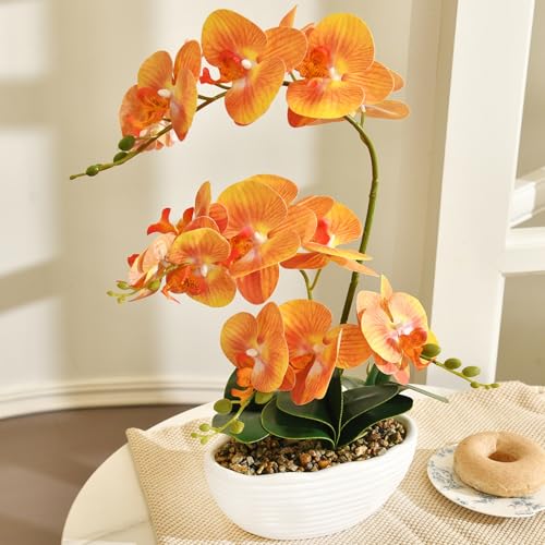 19" H Phalaenopsis Faux Orchid Plant Silk Orchid Centerpiece Artificial Floral Arrangement in Ceramic Pot (Orange) - color: Orange