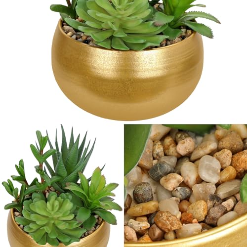 Hollyone Fake Plants Artificial Succulents in Pots Faux Succulent Arrangement Potted Plant with Gold Ceramic Planter Bowl for Home Decor Office Desk Bathroom Shelf Living Room Indoor Decorations - color: Matte Gold