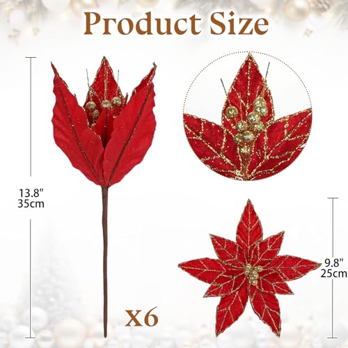 Briful 6 Pack Red Glitter Christmas Poinsettia Picks, 13.8'' Artificial Floral Stems with Gold Edges & Sparkle Beads, 9.8'' Blossom Holiday Flower Picks for Tree, Wreath, Table Centerpiece Decor - color: Red#353, size: 12'' POINSETTIA / 6PCS