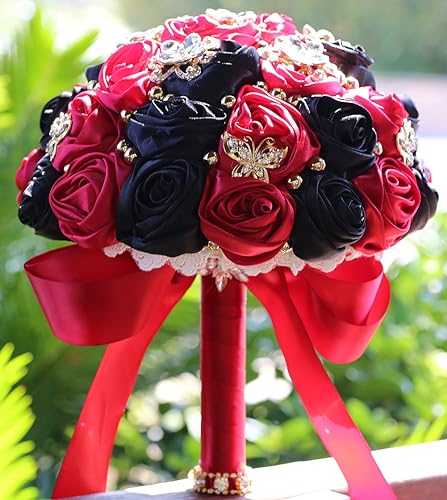 5.9" Mini Bridal Bouquet Handmade Satin Rose Round Wedding Bouquet Throw Toss Artificial Flower Bunch Ruby Red + Black - color: 809a Ruby Red/Black, size: 5.9"/15cm