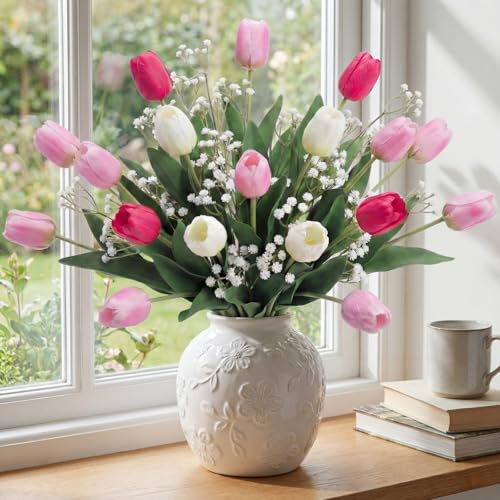 Hotop 30pcs 24 Inch Tulips Artificial Flowers Mother's Day Fake Tulip Fake Baby's Breath Flower Artificial Flower Decorations Bouquet for Home, Wedding, DIY Gift Party(Deep Pink, Light Pink,White) - color: Deep Pink, Light Pink,white