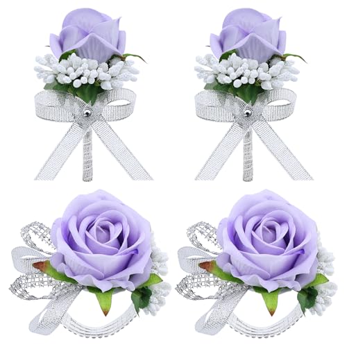 4Pcs Purple Rose Corsage and Men Boutonniere Set Women Wristlet Band Wrist Bracelets, for Prom Wedding Ceremony Flowers Decorations and Homecoming Party Accessories - color: Purple, size: 2 Boutonniere & 2 Wrist Corsage