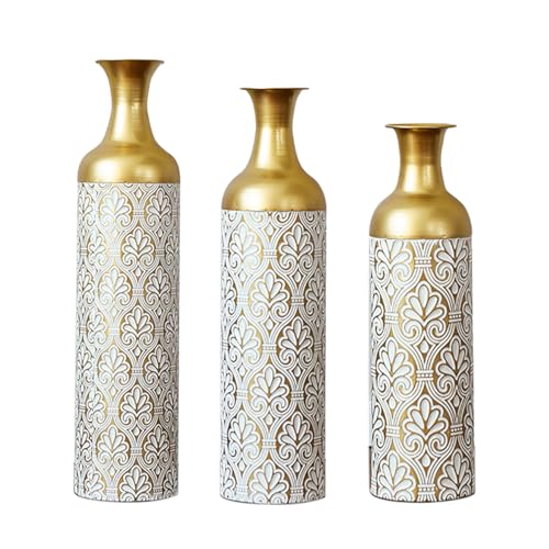 Floor Vases, Tall Home Decor Metal Vase Set of 3 Large Glazed Decorative Vases for Wedding Decor, Elegant Modern Flower Holder for Living Room, Entryway, Hallway (Golden White, Set of 3) - color: Golden White