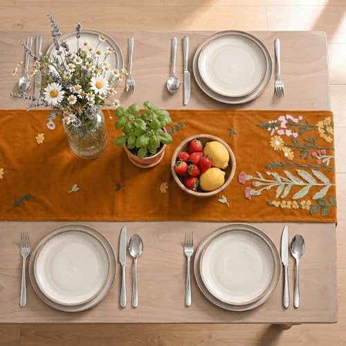 Artoid Mode Caramel Soft Chain Embroidery Wild Floral Fall Table Runner, Seasonal Spring Kitchen Dining Table Decoration for Home Party Decor 13x72 Inch - color: Caramel, size: 13" x 72", Table Runner