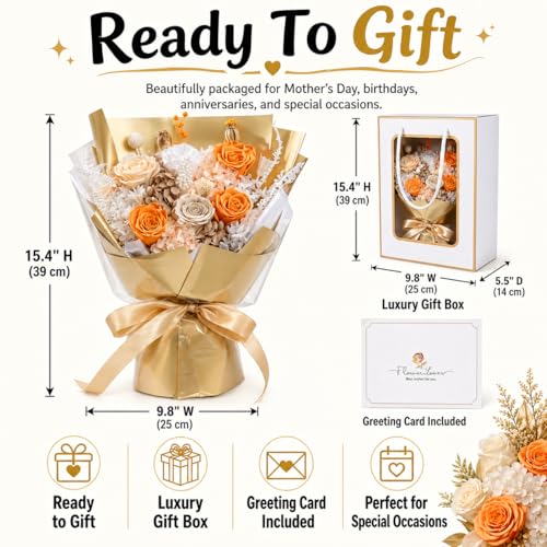 Preserved Real Flowers Bouquet, Preserved Eternal Roses Ready to Gift for Mother’s Day Birthday Gift for Mom Grandma Nana Wife Graduation Flowers for Her Class of 2026 (Sunset Champagne) - color: Sunset Champagne