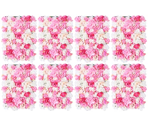 DNYSYSJ Flower Wall 8PCS 23.62" x 15.75" x 0.79" Champagne White & Pink Hydrangea Artificial Flowers Panel Silk Fabric Wall Mat for Garden Patio Wedding Stage Indoor Outdoor Decor - color: Pink and White, size: 8 pieces