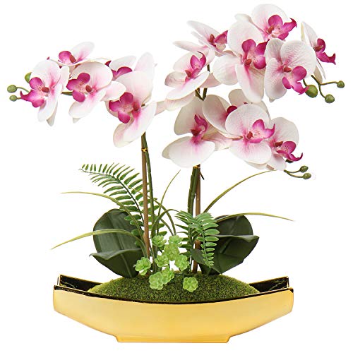 Briful Orchids Artificial Flowers 15" Light Pink Phalaenopsis Orchid with Gold Pots Real Touch Faux Orchid Plant for Home Office Living Room Table Shelf Decor - color: Pink#2