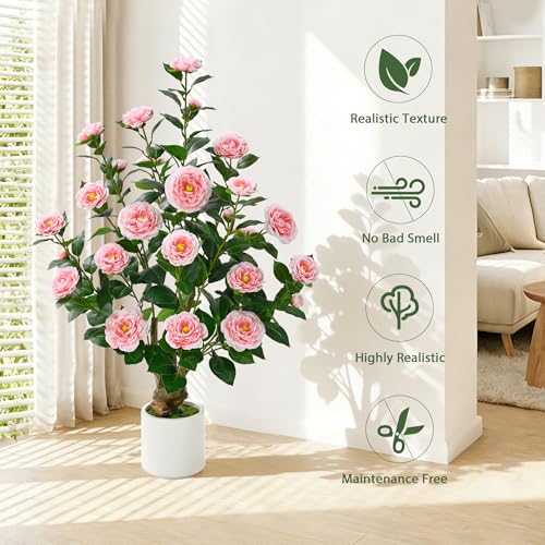 2 Pack 38" Artificial Camellia Tree, Artificial Plants Outdoor Faux Plants in Pot, Artificial Flower for Outdoors Front Porch Decor, Fake Tree Plant Faux Flowers for Indoor Outdoor Home Decor, Pink - color: Pink