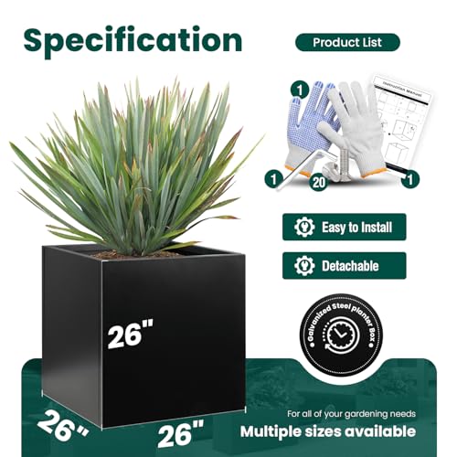 Galvanized Steel Planter Box 26Inch Black Metal Planter Large Square Indoor Outdoor Planters Cube Steel Heavy Duty Planter Powder Coating Modern Commercial Residential for Plants, Patio, Yard, Garden - color: Black, size: 26" L x 26" W x 26" H