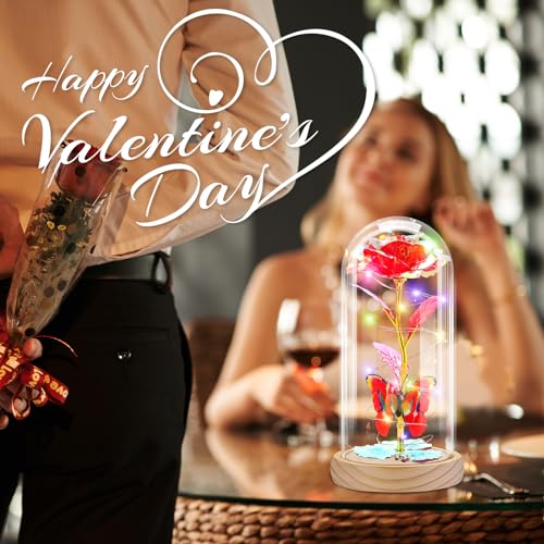 Otlonpe Preserved Artificial Rose Flower Lamp, Forever Women Gifts for Birthday Christmas Valentines Mothers Day, 7.7'' Glass Rose Wood Base Butterfly, Gifts for Mom Grandma Daughter Wife Girlfriend - color: Wood Red