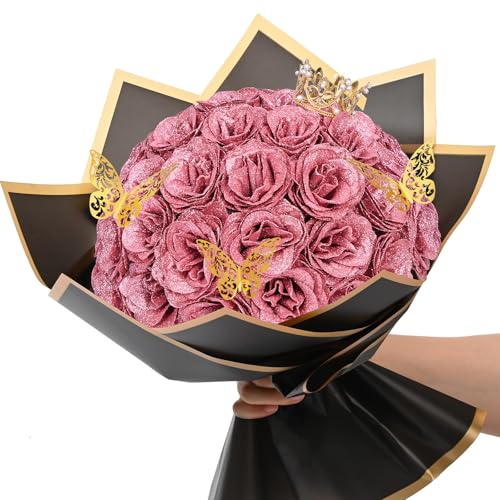 36+20 Glitter Roses Bouquet, DIY Fake Flowers Bouquet, Craft The Initials of Your Loves' Name with Artificial Rose for Valentines, Anniversary, Wedding, Rose Gold & White - color: Rose Gold & White