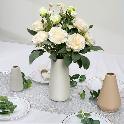 Artificial Flowers in Vase, Fake Roses Peonies Flower Bouquet with Ceramic Vase Floral Arrangements for Dining Table Centerpieces Living Room Indoor Decor - Ivory White - color: Ivory