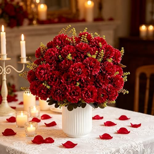 18 Heads Red Artificial Chrysanthemum Flowers Fake Mums Red Kiku Ball Flowers Bouquet Silk Chrysanthemums for Indoor Outdoor Table Centerpiece Vase Wedding Decoration, 2 Pcs - color: Red Chrysanthemum