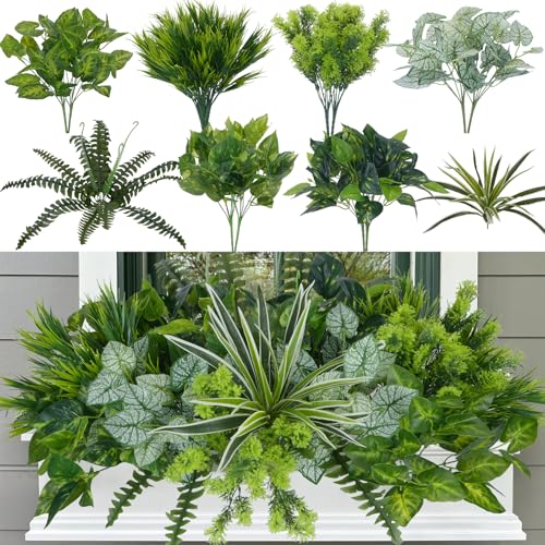 18 Bundles Artificial Greenery for Outdoors, Artificial Outdoor Plants UV Resistant Fake Spider Fern Coleus Plant Faux Bushes Leaves for Outside Window Box Patio Garden Front Porch Yard Summer Decor - color: Green-18pcs