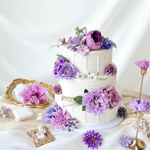 Dusty Purple Artificial Flowers Combo Box Set Silk Dahlia Roses with Stems Lilac Lavender DIY Bridal Wedding Bouquets Cake Top Fake Floral Arrangements Baby Shower Party Table Centerpieces Home Decor - color: Purple, Lilac