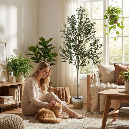 6ft Dense Leaves Artificial Olive Tree with Woven Basket - Realistic Faux Olive Tree for Living Room, Office & Home Decor - Large&Tall Indoor Floor Plant，Aesthetic Silk Plants