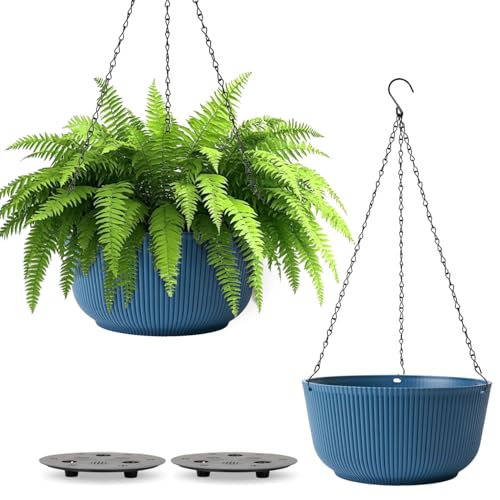 T4U 8 Inch Hanging Planters for Indoor Outdoor Plants, Self Watering Hanging Pot Pack of 2, Hanging Pots with Drainage Hole & Plug & Chain with 3 Hooks for Garden Home Decor, Blue - color: Blue, size: 8 inch