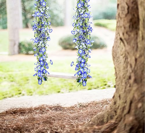 Artificial Flowers Garland 2PCS Blue Artificial Silk Morning Glory Vine Artificial Flowers Hanging Eucalyptus Garland for Wall Fence Arch UV Protected Indoor Outdoor Decor - color: Blue
