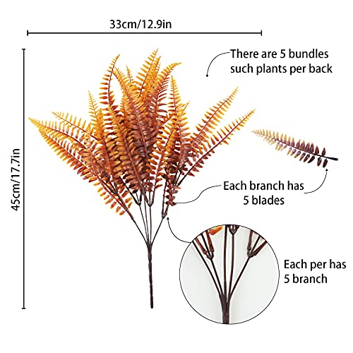 Uieke 12PCS Artificial Ferns for Outdoors, Fake Fall Boston Fern Plants UV Resistant No Fade Faux Plastic Greenery Bushes for Indoor Outside Window Box Fall Décor Autumn Orange - color: Autumn Orange-12 Bundles