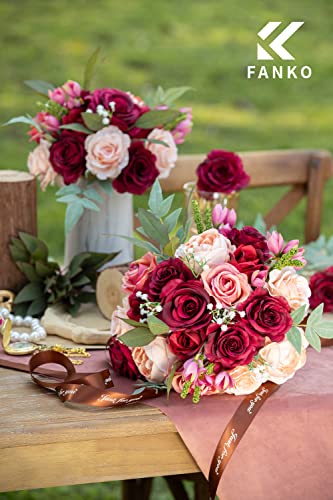 FANKO Artificial Flowers for DIY Bouquet, Burgundy Pink Champagne Faux Rose, Fake Flower Rose Peony for Vase, Floral Arrangement, Centerpieces, Wedding, Home Decor, Party Decoration - color: Light Shimmer Peach & Burgundy (Deluxe)