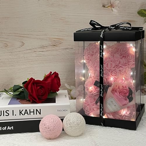 Romantic Valentines Day Gift for Her, Artificial Flowers Bouquet Necklace Rose Teddy Bear with Real Pearl Blind Box Birthday Gift, Valentiness Day Gift for Monther Wife Girl (Pink) - color: Pink