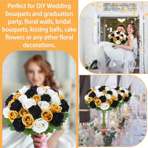 36 Pcs Velvet Texture Black, Gold, White Artificial Flowers Bridal Bouquet, Fake Rose Long Stem Realistic Flowers Bulk for Valentine's Day Wedding Bouquet Ball Arrangement Centerpiece Party - color: Black, Gold, White