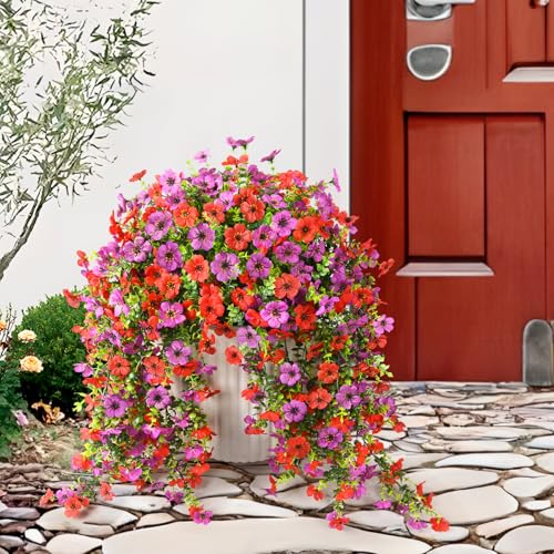 ZFProcess Artificial Hanging Flowers Plants for Outdoor Spring Summer Decoration,2PCS Faux Silk Daisy UV Resistant Look Real for Outside Home Indoor Planter Porch Window Yard Decor(Red Purple) - color: Z Red Purple