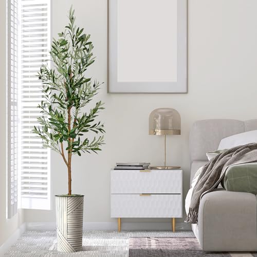 Artificial Tree in Geometric Pattern Planter, Fake Olive Silk Tree for Indoor and Outdoor Home Decoration - 68" Overall Tall (Plant Pot Plus Tree) - style: Olive Tree
