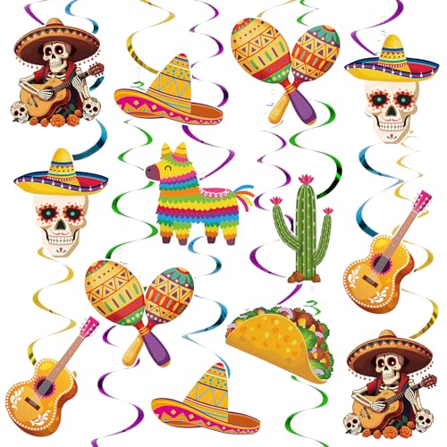 24Pcs Cinco De Mayo Hanging Decorations, Mexican Fiesta Party Ceiling Streamers Cutouts, Mexican Theme Hanging Swirls for Taco Birthday Party Home Office Classroom Ceiling Decoration Baby Shower - color: Yellow