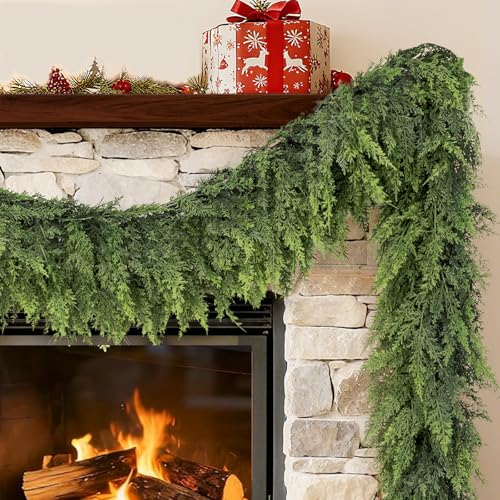 Cedar Garland 6ft Christmas Garland Real Touch Garland Artificial Realistic Greenery Cypress Pine Garlands for Mantle, Fireplace, Stairs,Table, Doorframe Vintage Outdoor Indoor Christmas Decorations