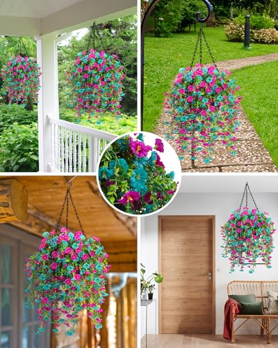 2 Pack Artificial Hanging Flowers Basket Set, Cascading Morning Glory | Artificial hanging flowers for porch,Patio,Garden,outdoor decorations,24 stems, 10in baskets and no watering - color: 2 Pack Baskets/Teal+purple