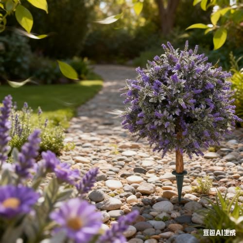 Set of 2 Artificial Lavender Boxwood Topiary Ball Bush for Outdoor with Ground Spike 24.5", UV Resistant Faux Greenery Shrubs, Fake Boxwood Plants for Indoor, Garden, Yard, Porch, Patio Decor
