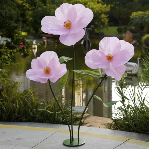Large Paper Artificial Flowers,Giant Flowers for Decoration,Huge Handcrafted Poppy Fake Flowers with Stand for Home Decor Bridal Shower Party Outdoors Yard Event Backdrop Decor (Pink) - color: Pink
