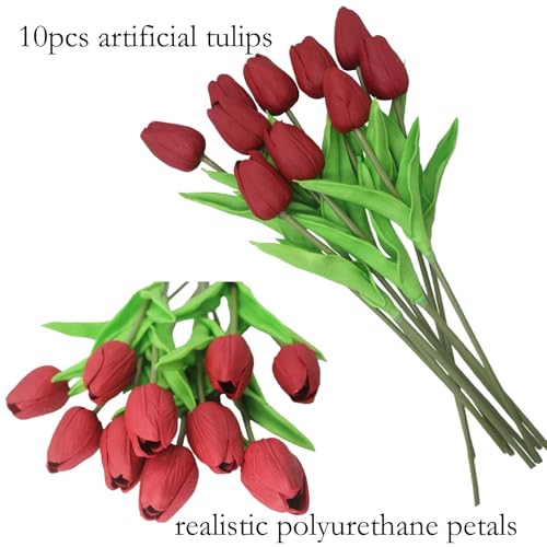 Artificial Flowers 10 Heads Mini Real Touch Artificial Tulip for Home Wedding Party Centerpiece Decoration (Burgundy) - color: Burgundy