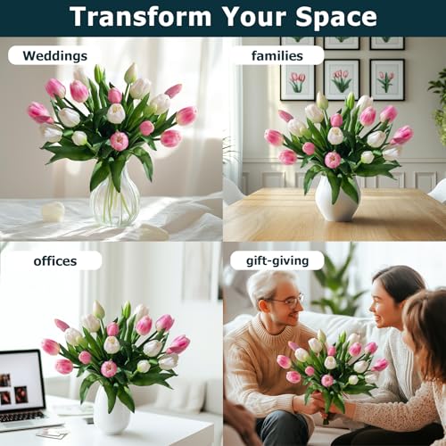 Bailikang 20PCS Fake Tulips Artificial Tulip Silk Flowers Fake PU Bouquet Artificial Flowers Faux Flowers with Gift Box Soft Faux Tulips Bouquets Arrangements for Party Wedding Home - color: White+pink