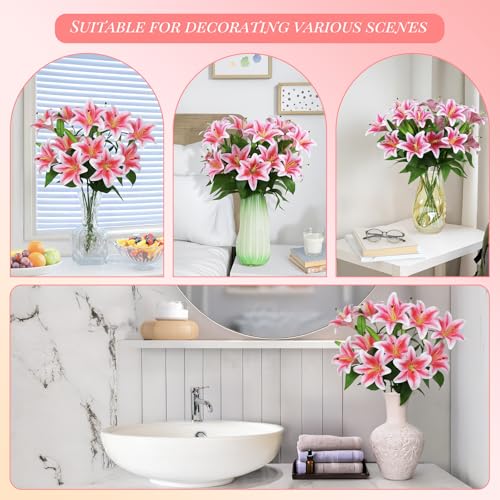 BloomLife Artificial Lily Flowers, 6 Stems with 12 Flowers & 6 Buds Total, Realistic Fake Flowers for Home Decor, White or Pink, 23.6" Tall, Wrinkle-Free & Bendable Stems for Vase Arrangements (Pink)