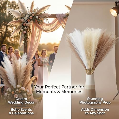 Pampas Grass Decor 21.7 Inch 30pcs, Faux Pampas Grass White Beige Brown Ultra Fluffy No Shedding for Boho Home Bedroom Wedding Vase Filler Dried Flower Arrangement - size: White Beige Brown