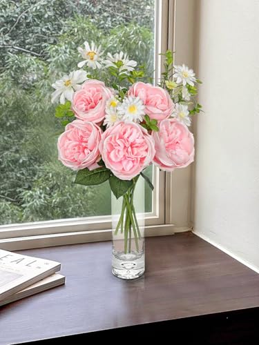 GnFlus Peonies Artificial Flowers, 9PCS Mixed Pink Faux Flowers with Peonies & Daisies, Up to 18.5 Inch Long Silk Fake Flowers for Vase DIY Wedding Bouquet Party Centerpieces Arrangement Home Decor - color: Peony, Pink