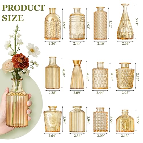 12 Pcs Clear Bud Vases Set, Small Vintage Glass Clear Bud Flower Vases Bulk Multiple Shape Cute Mini Glass Bottles Vases for Rustic Wedding Centerpieces Table Decorations and Home Decor (12, Gold) - color: Gold