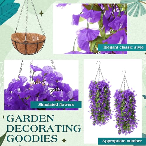 Hotop 2 Set Artificial Flowers with Hanging Basket Includes 6 Pcs Morning Glory Vines Faux Outdoor Hanging Plants Waterproof UV Resistant Fake Flowers for Patio Spring Summer Decor(Purple) - color: Purple