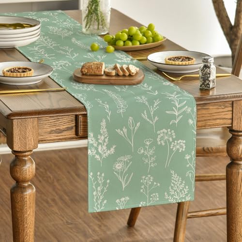 Artoid Mode Sage Green Leaves Flowers Spring Table Runner, Seasonal Kitchen Dining Table Decoration for Home Party Decor 13x72 Inch - color: Sage Green, size: 13" x 72", Table Runner