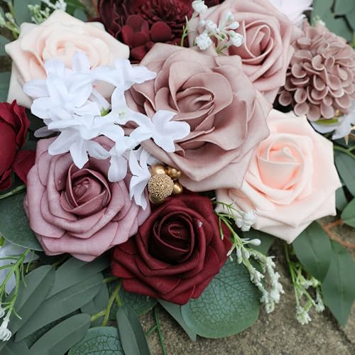Ponatia Wedding Arch - Artificial Burgundy & Dusty Rose & Blush Flowers (Pack of 2) for Wedding Welcome Signs, Ceremony & Reception - color: Burgundy & Dusty Rose & Blush