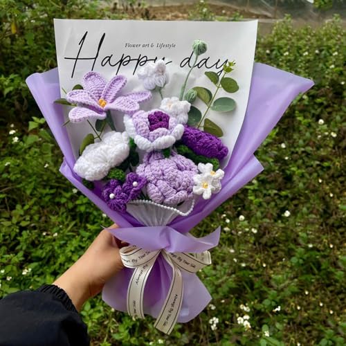 Completed Purple Crochet Flowers Bouquet, Handmade Knitted Bouquet, Crochet Artificial Flowers for Mother's Day Birthday, Wedding Home Decor, Gifts for Mom (Purple Tulip) - style: Purple Tulip & Rose