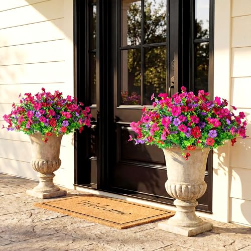 Artificial Flowers for Outdoors, Faux Plants 12 Bundles Silk Colorful Fake Flowers Eucalyptus Realistic UV Resistant for Outside Home Planter Porch Patio Yard Decor (12, Hot pink Red Purple) - color: Hot Pink Red Purple