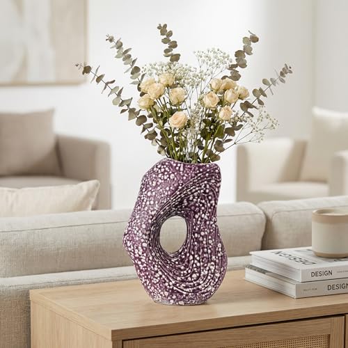 Sunddo Ceramic Vase for Home Decor, 11 Inch Donut Decorative Vase for Living Room, Modern Art Flower Vase, Entryway, Fireplace, Centerpiece Table, Console Decor - color: Purple, size: 11 inch