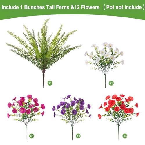 Hrobek Artificial Flowers for Outdoors Faux Plants Outside Indoor,UV Resistant Silk Fake Morning Glory Tall Ferns for Home Patio Garden Back Yard Front Porch Decor(13 Bunches,Dk. & Lt. Purple) - color: 3 Color Mixed (6 Purple,6 Light Purple,1 Tall Fern)