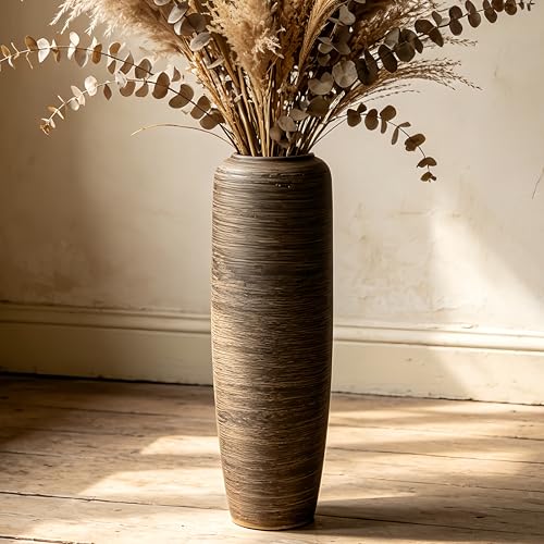 23.6 Inch Rustic Ceramic Large Floor Vase, Ribbed Textured Rustic Farmhouse Vase for Pampas Grass, Living Room & Entryway Décor, Handmade Ceramic Accent - size: 23.6 Inch