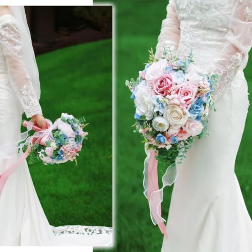 Large Pink Rose Bouquets for Bride Spring Summer Wedding Creamy Blue Blush Pink White Cascading Bridal Bouquet Artificial Silk Flower Boho Rustic Ceremony Anniversary Decor Toss Bouquet - color: Light Pink Blue